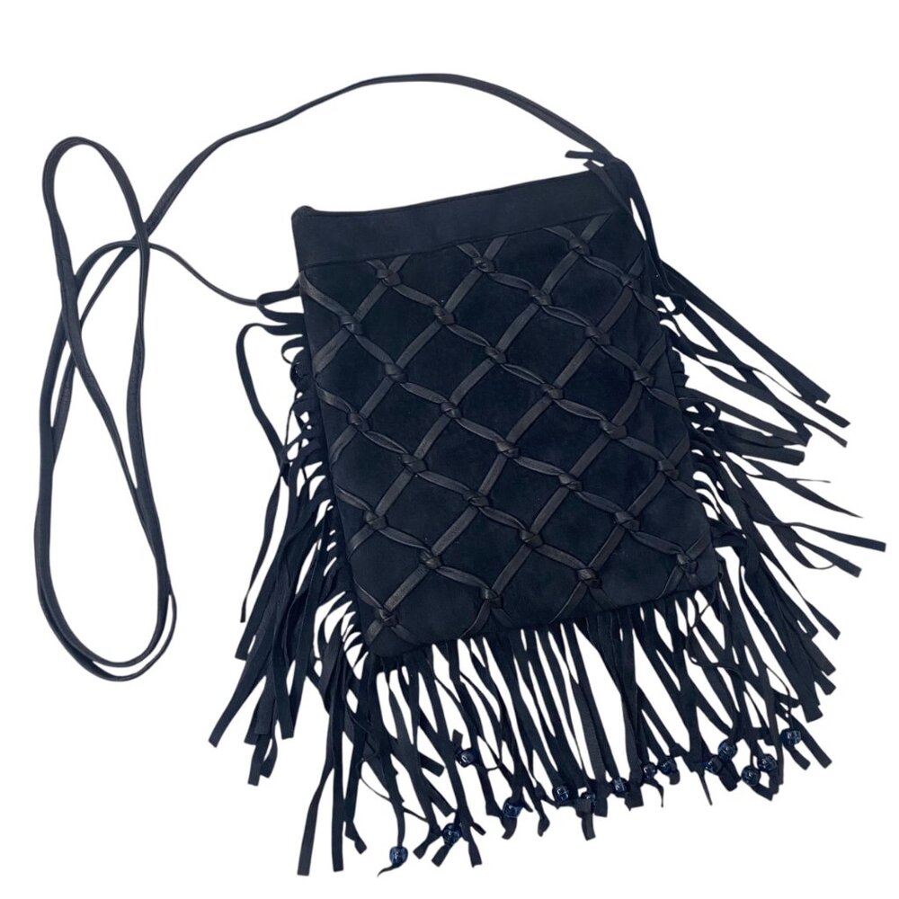 Navy Suede Crossbody Bag Handbag Crochet Beaded Fringe‎ Festival Boho Hippie S